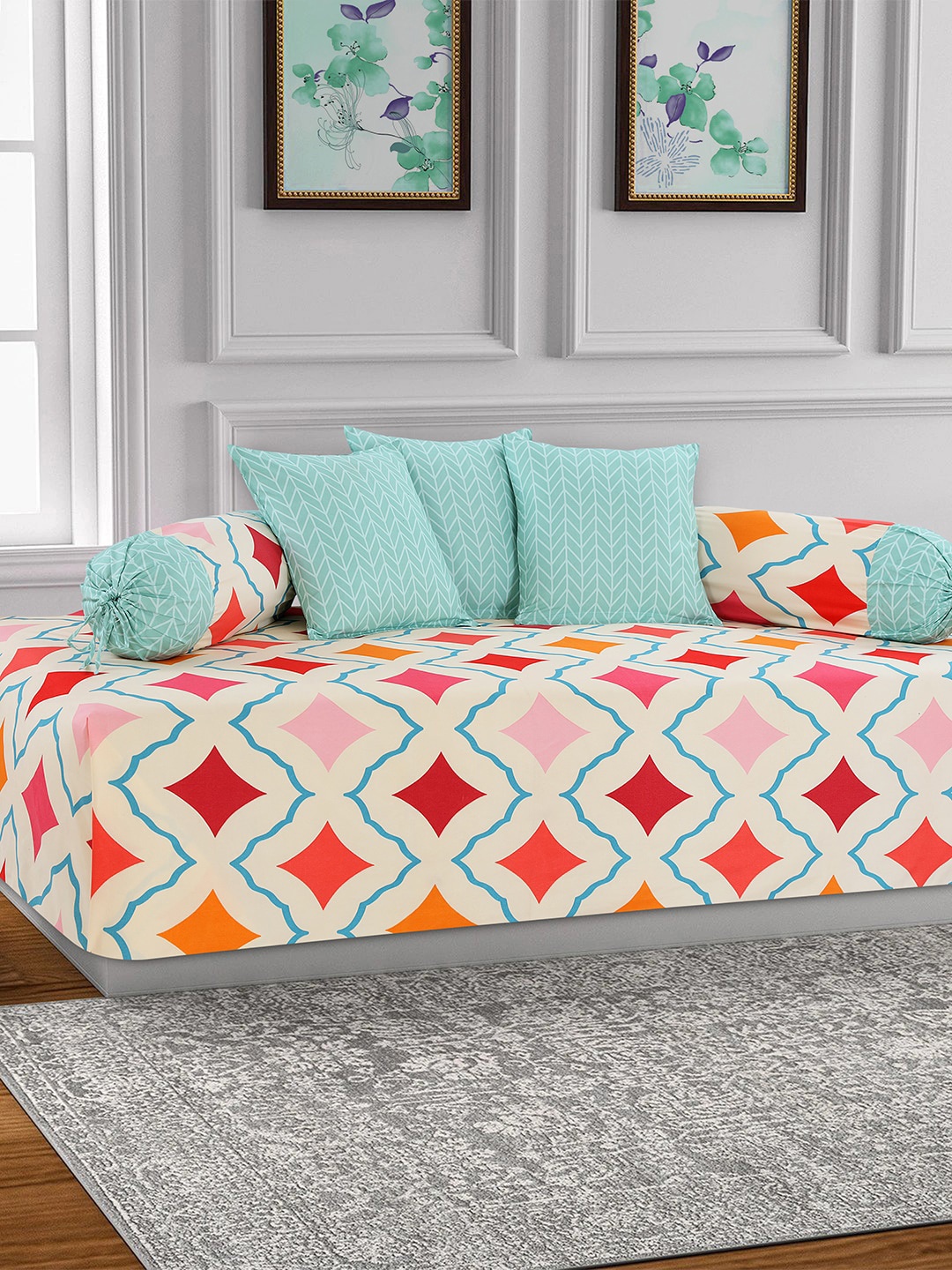 

Salona Bichona Set Of 6 Cream-Coloured & Blue Printed 144 TC Bedsheet With Bolster & Cushion Covers