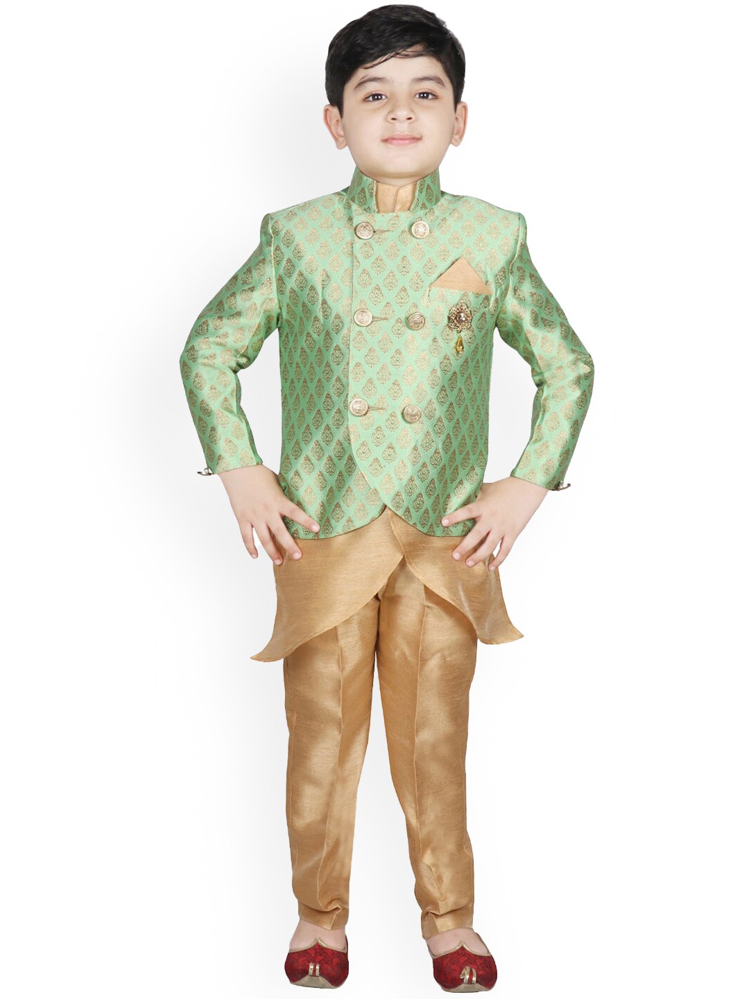 

SG YUVRAJ Boys Green & Beige Woven-Design Silk Sherwani Set