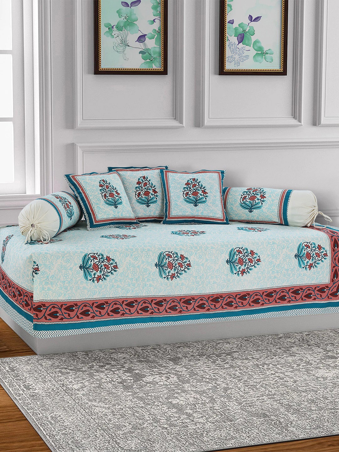 

Salona Bichona Set Of 6 Teal Blue & Maroon Printed 120 TC Diwan Set