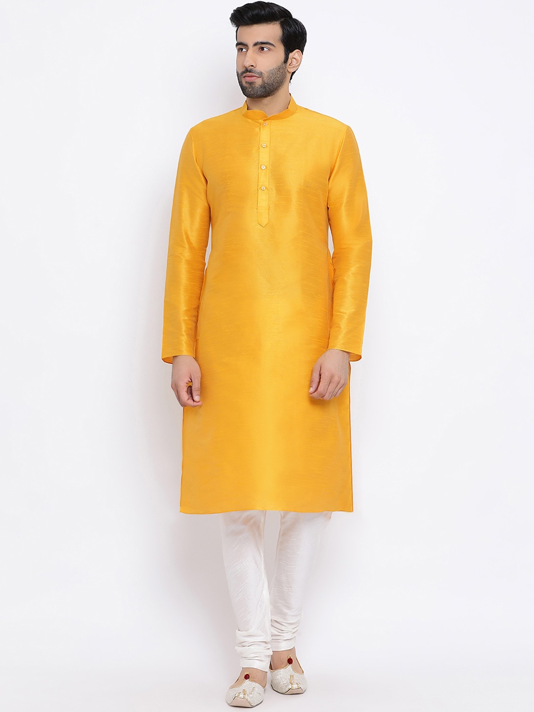 

NAMASKAR Men Yellow Dupion Silk Solid Kurta