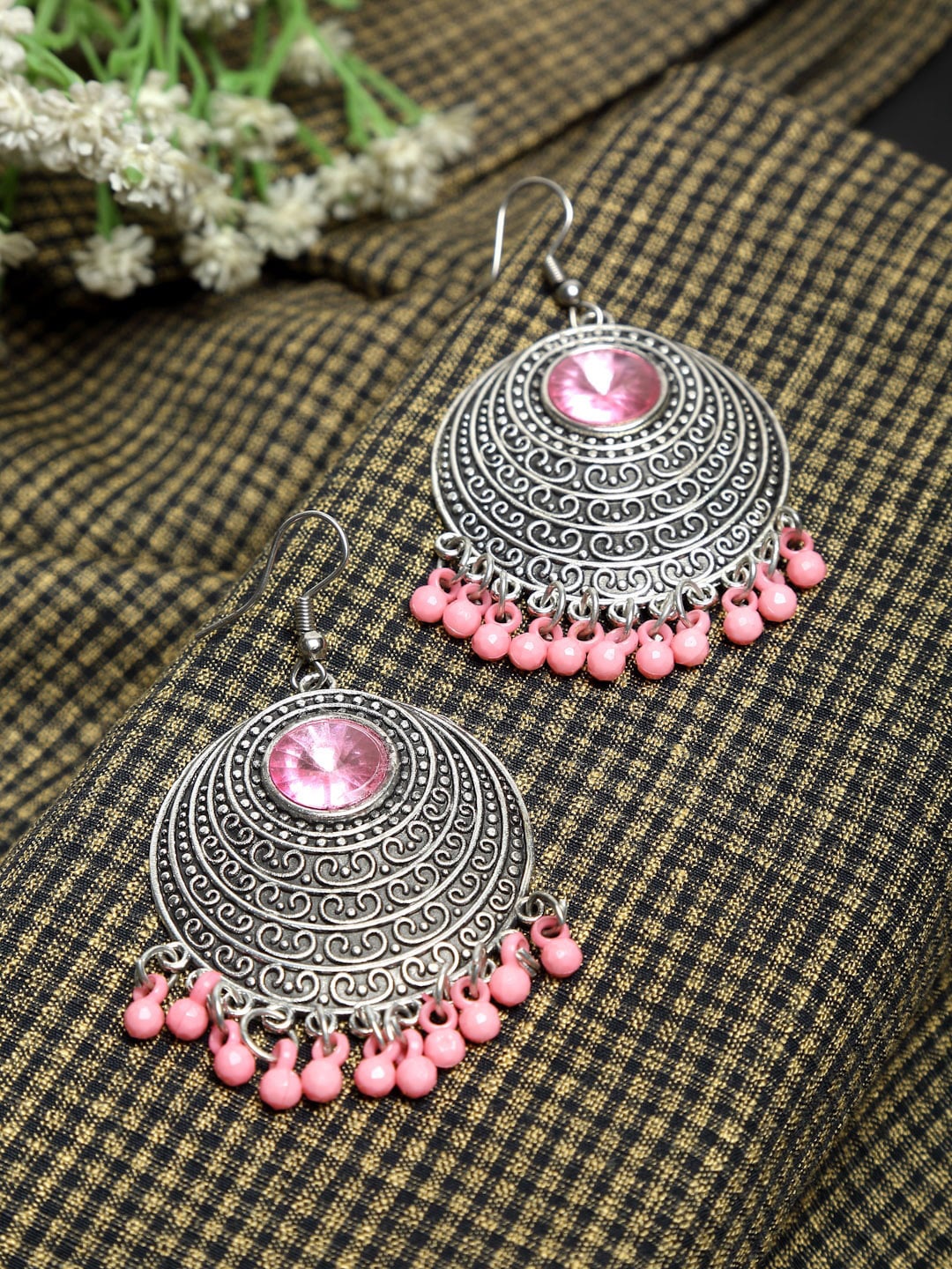 

NEUDIS Peach-Coloured Oxidised Circular Drop Earrings