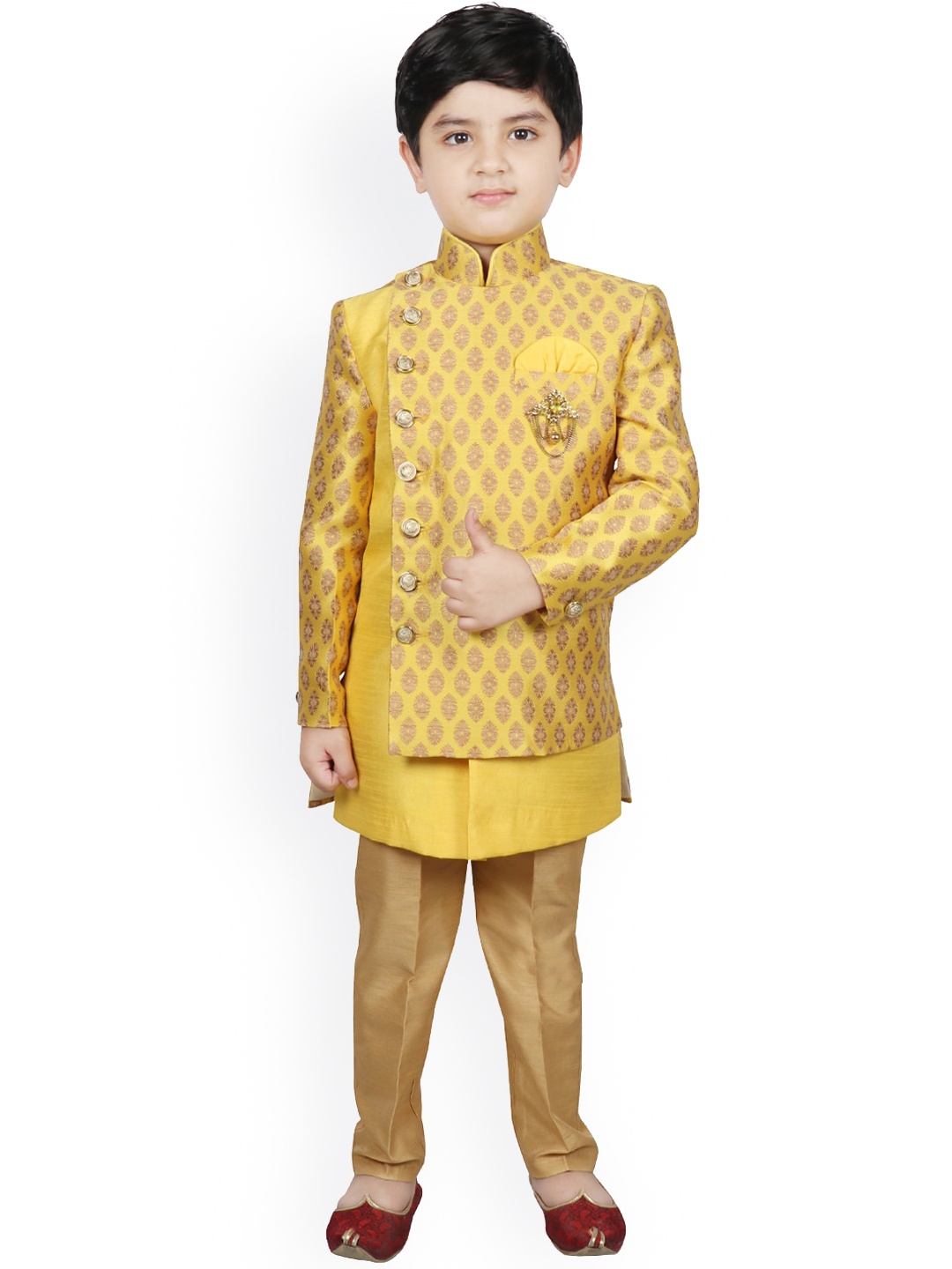 

SG YUVRAJ Boys Yellow & Gold-Colored Woven-Design Sherwani Set