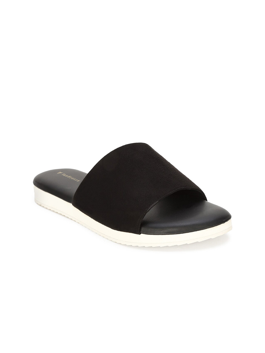 

Van Heusen Woman Women Black Solid Synthetic Patent Open Toe Flats