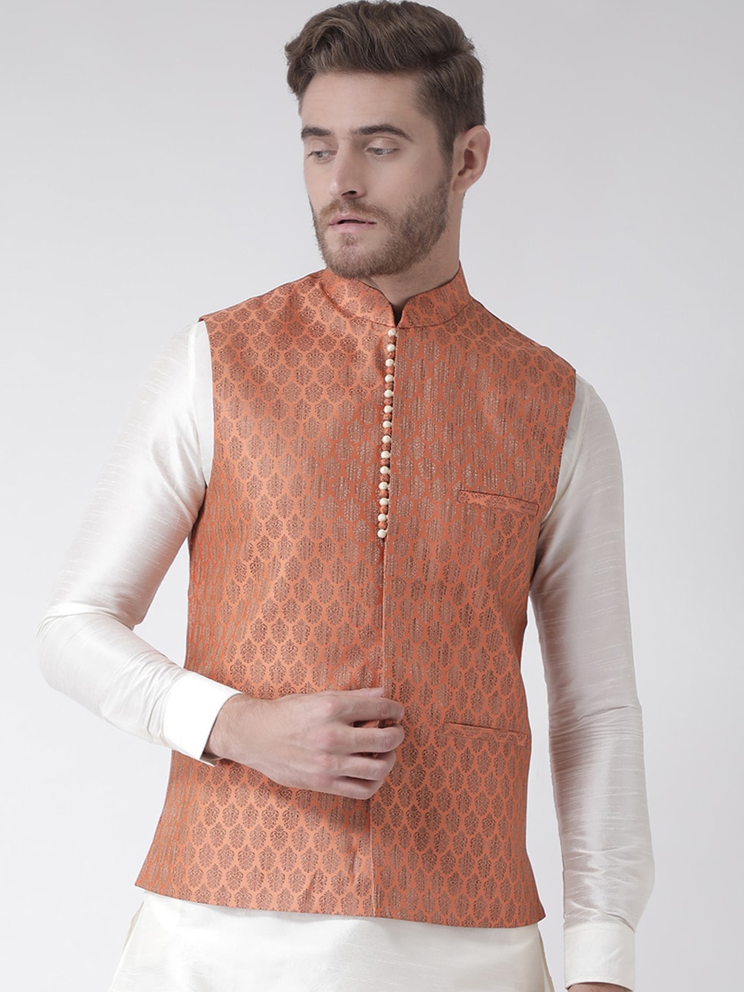 

DEYANN Men Orange Woven-Design Jacquard Silk Nehru Jacket