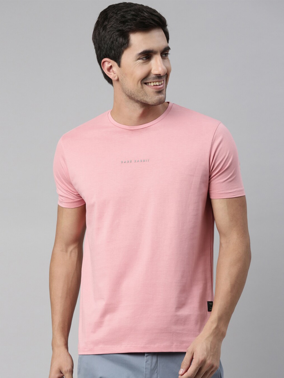 

RARE RABBIT Men Pink Solid Cotton Round Neck T-shirt