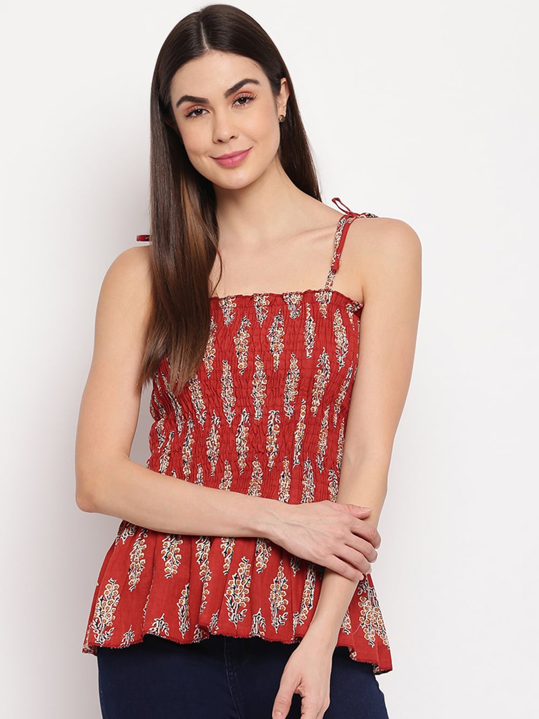 

Aawari Red Smocked Peplum Top