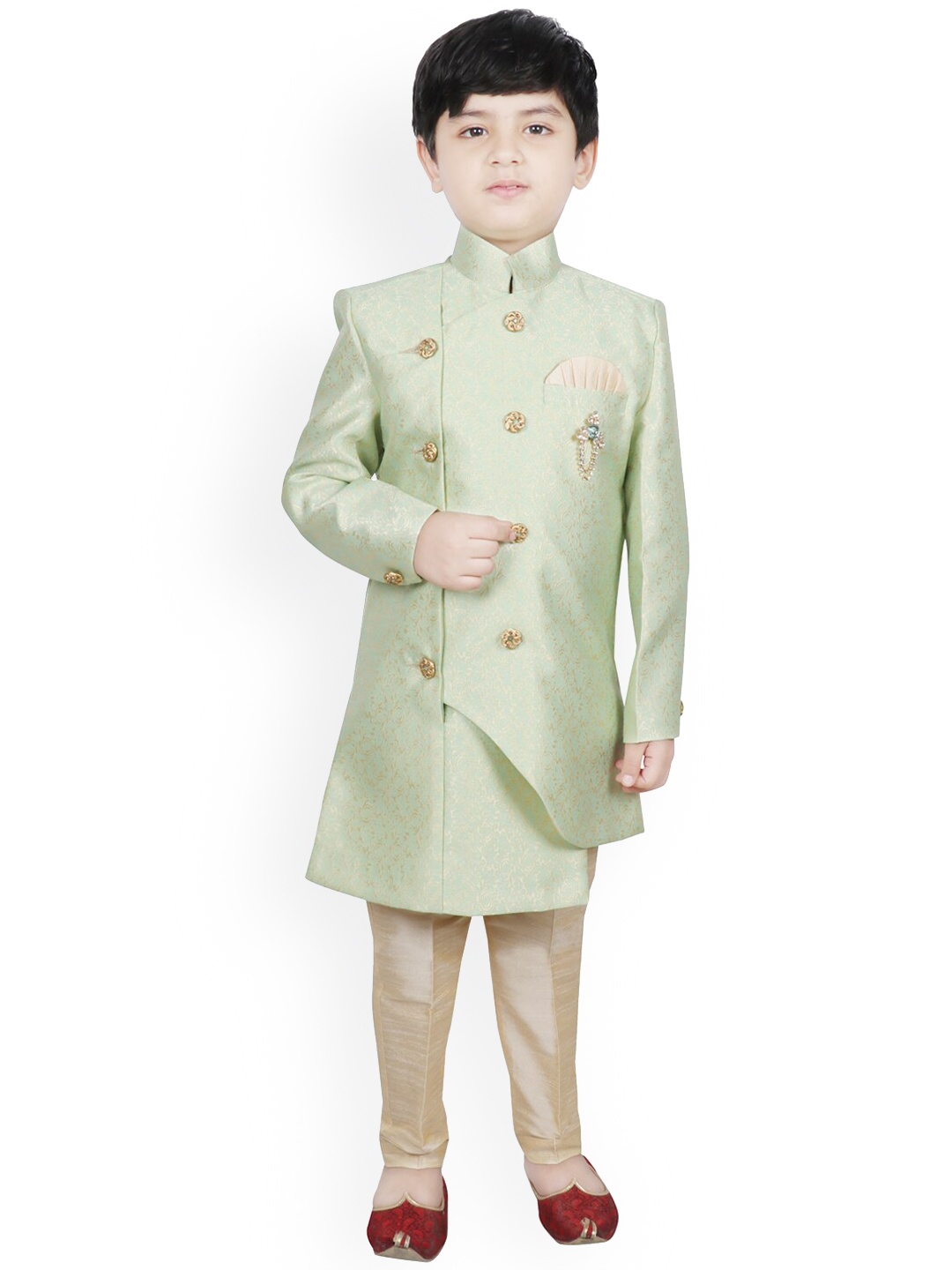 

SG YUVRAJ Boys Green & Gold-Coloured Woven-Design Brocade Silk Sherwani Set