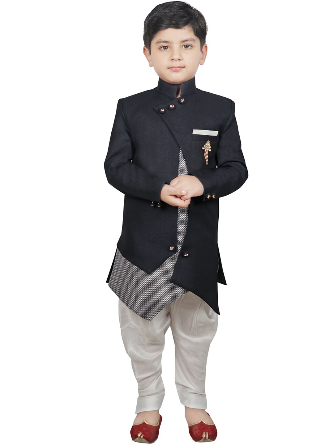 

SG YUVRAJ Boys Navy Blue & White Solid Sherwani Set
