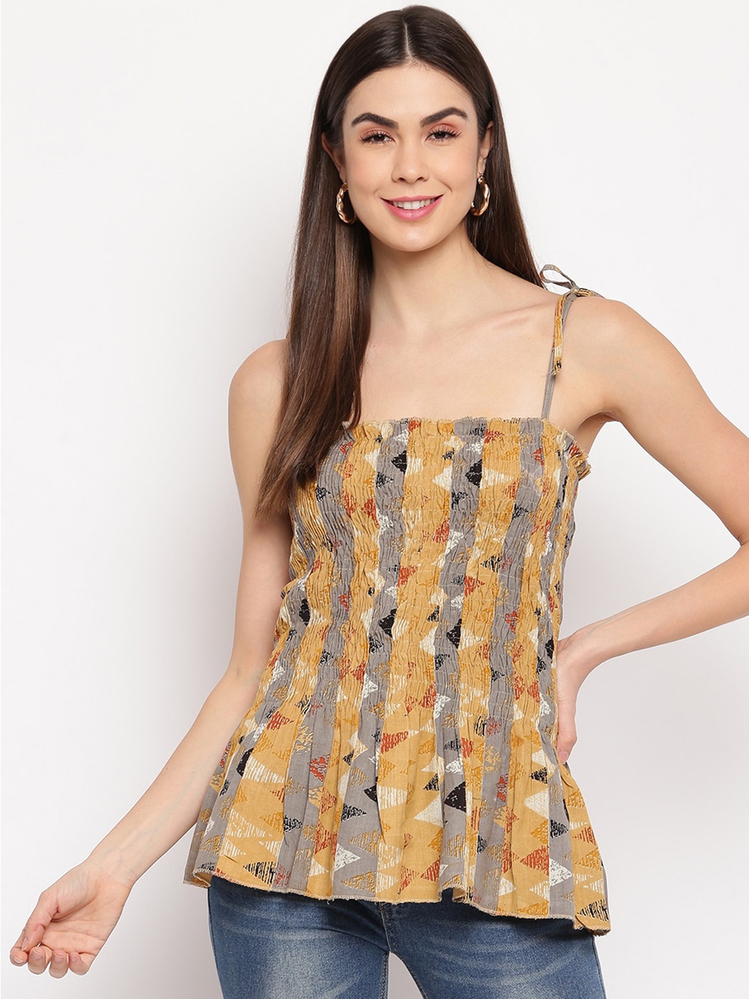 

Aawari Multicoloured Printed Smocked Peplum Top, Multi