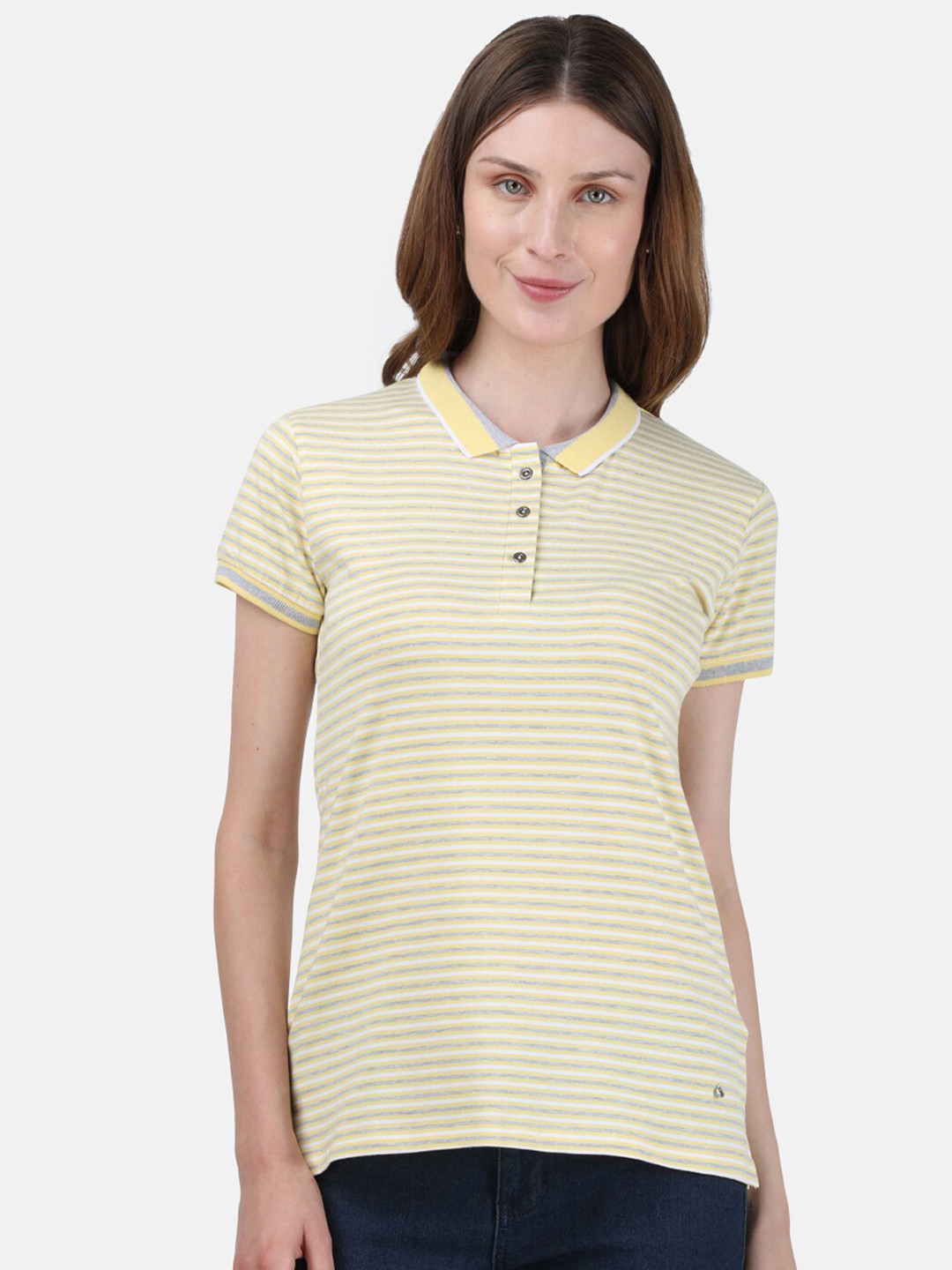 

Monte Carlo Women Yellow & White Striped Polo Collar T-shirt