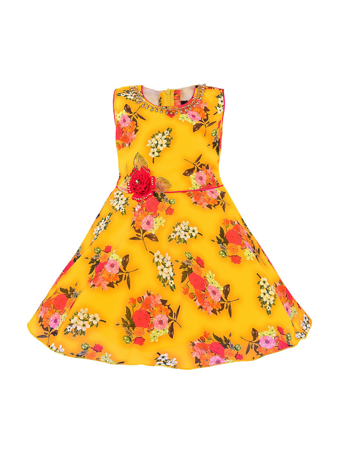 

Wish Karo Yellow Floral Applique Georgette Dress