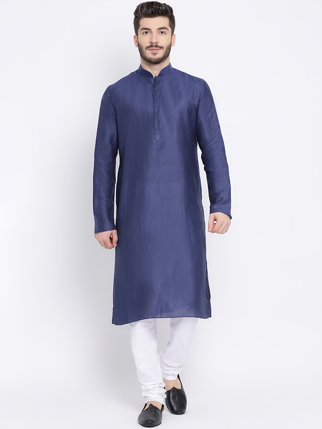 

NAMASKAR Men Navy Blue Mandarin Collar Linen Kurta