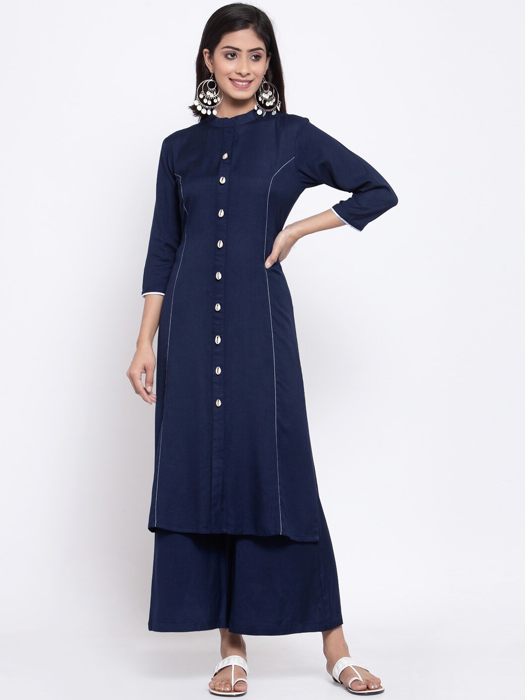 

DUGRI BE THE ONE Women Navy Blue Solid Kurta with Palazzos & Dupatta