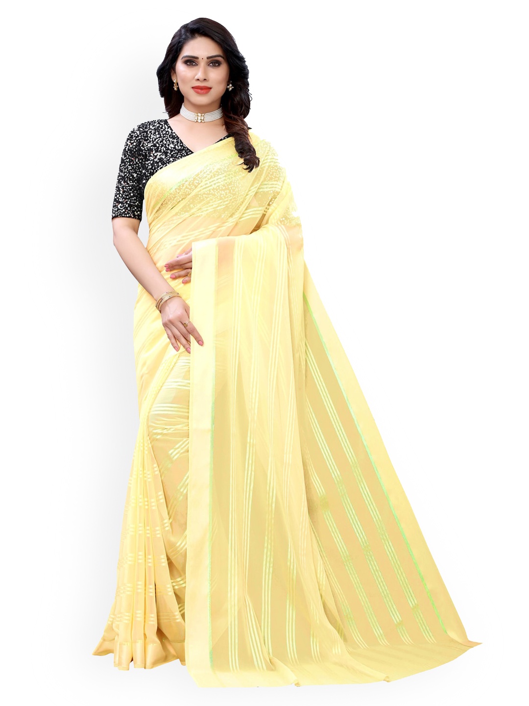 

KALINI Yellow Striped Pure Georgette Saree