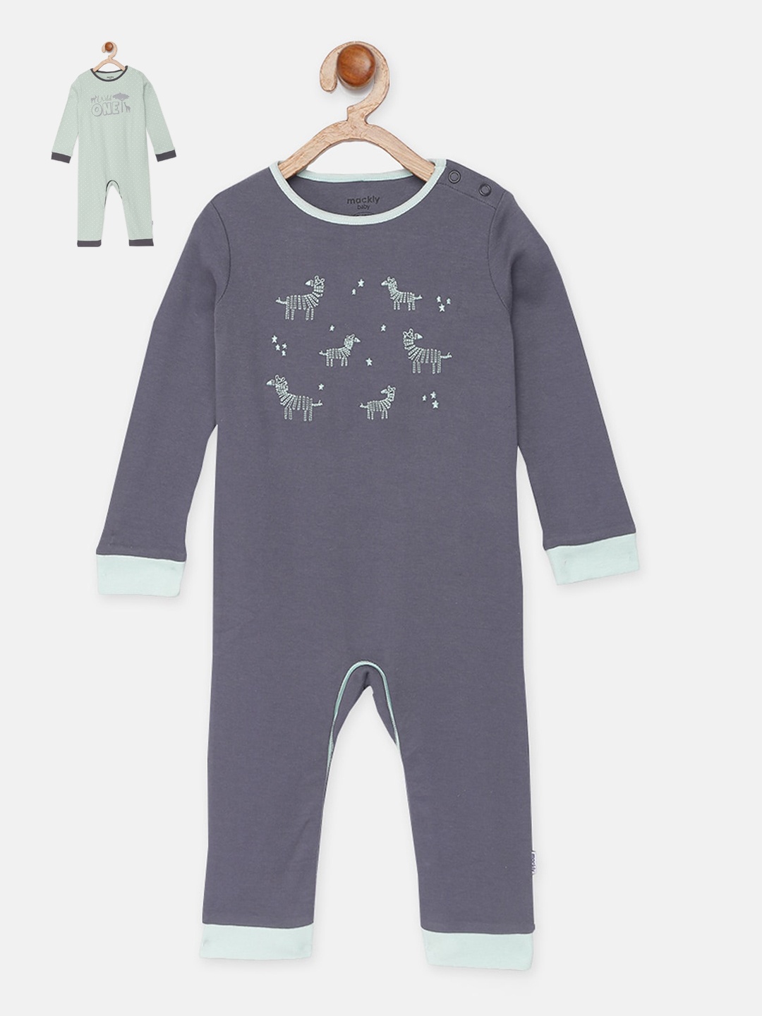 

mackly Infant Kids Pack Of 2 Printed 100% Cotton Rompers, Sea green