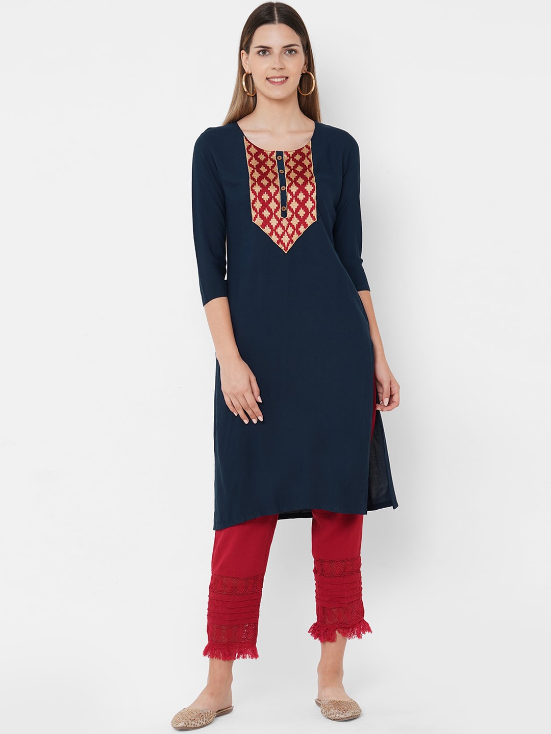

FASHOR Women Navy Blue Ethnic Motifs Yoke Design Kurta