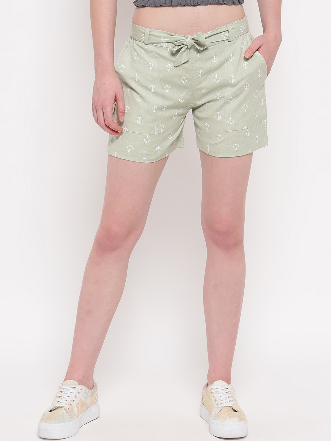 

Aawari Women Green Printed Regular Fit Cotton Shorts