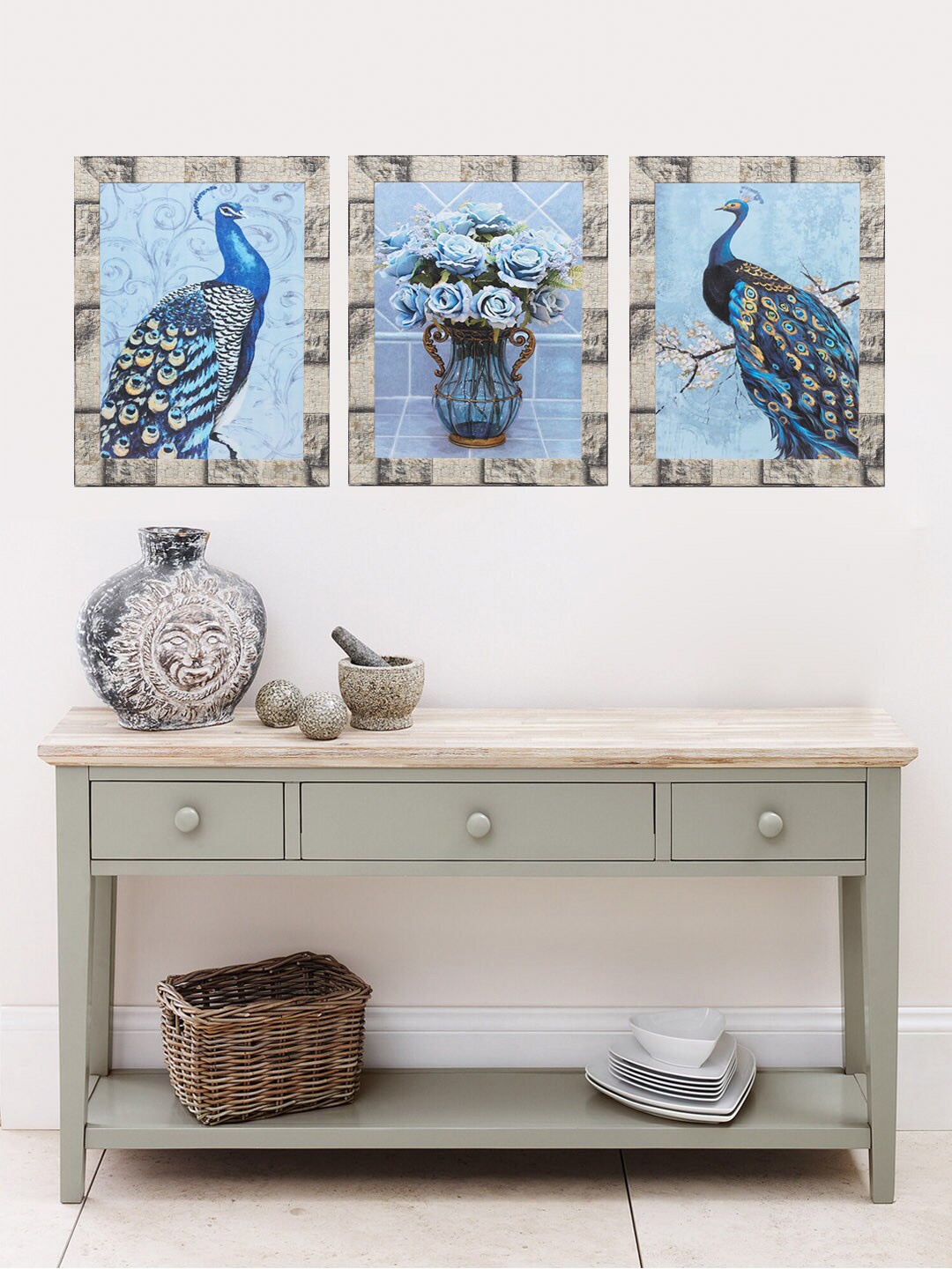 

Indianara Set Of 3 Blue & White Peacocks & Flowers Framed Art Prints Without Glass