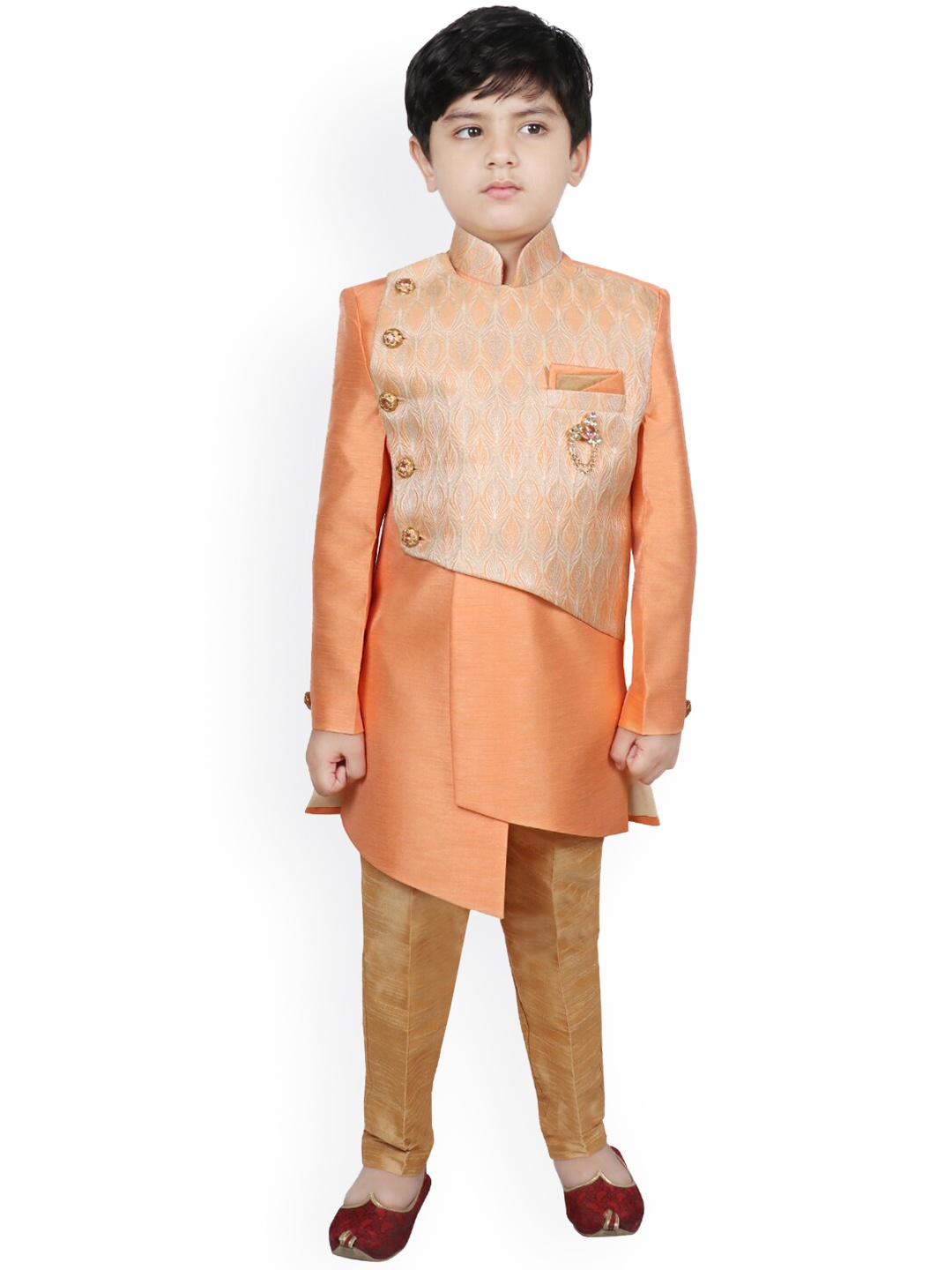 

SG YUVRAJ Boys Orange & Tan Brown Woven Design Sherwani Set