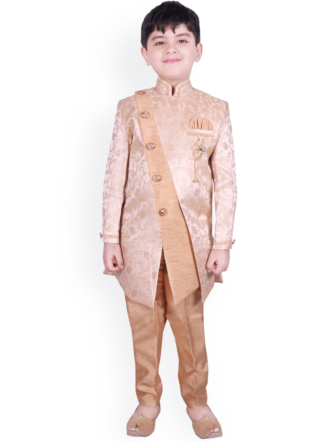 

SG YUVRAJ Boys Beige & Gold Coloured Brocade Silk Sherwani Set