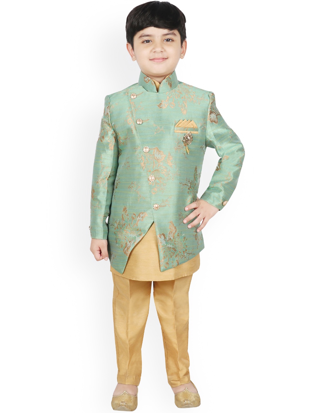 

SG YUVRAJ Boys Green & Gold-Coloured Silk Woven-Design Sherwani Set