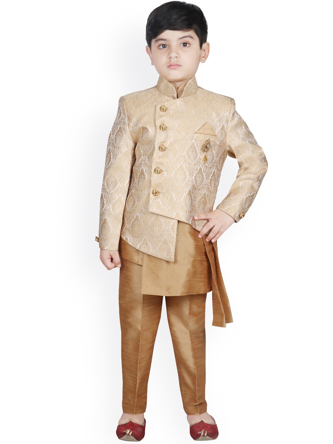 

SG YUVRAJ Boys Gold-Coloured & Beige Brocade Tussar Silk Sherwani Set