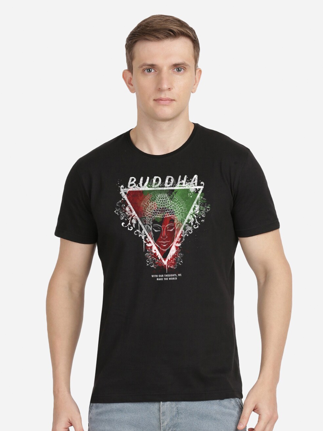 

MASH UNLIMITED Men Black Printed Round Neck T-shirt