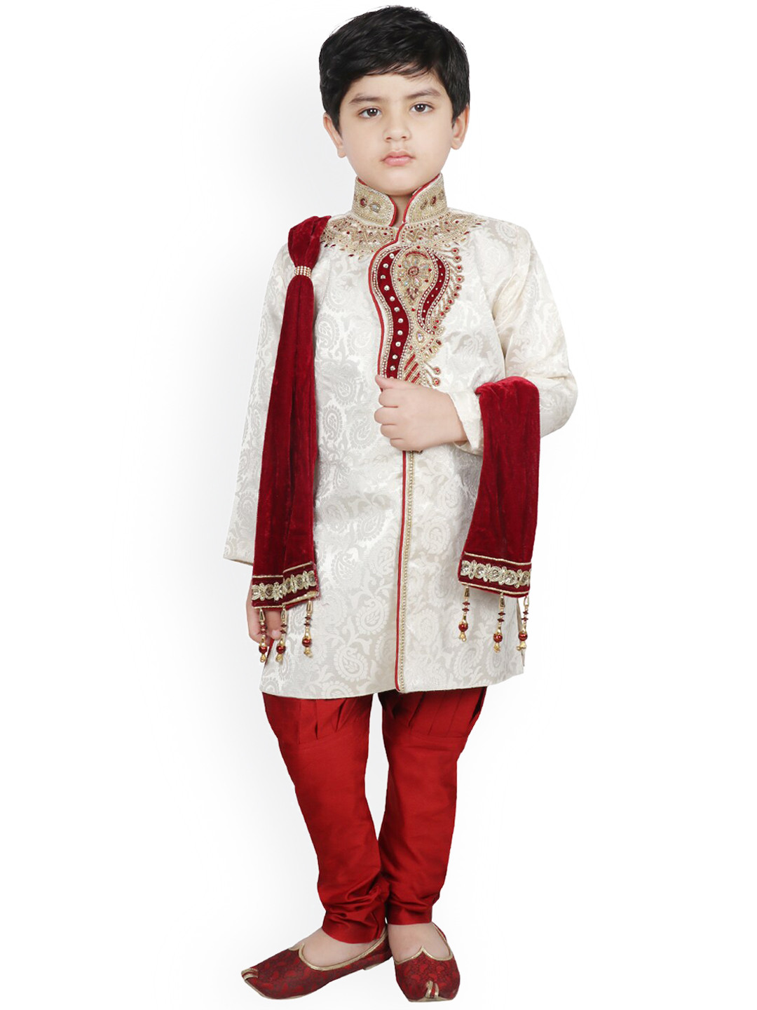 

SG YUVRAJ Boys Cream-Coloured & Red Woven-Design Silk Sherwani Set
