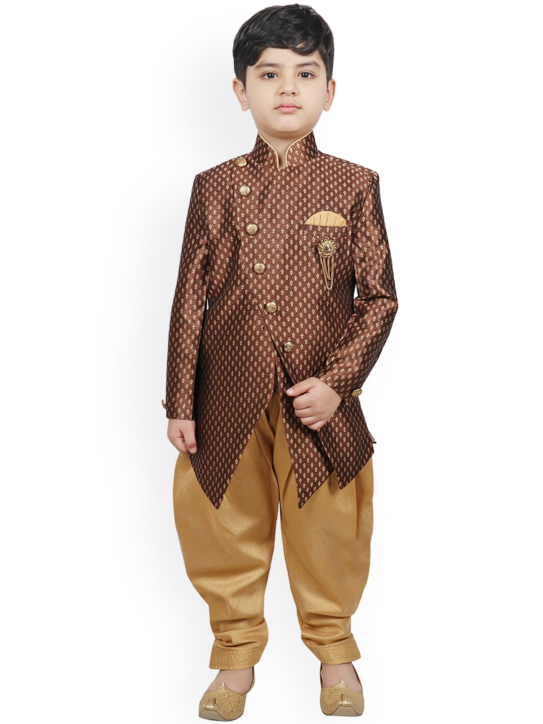

SG YUVRAJ Boys Brown & Gold Colored Raw Silk Sherwani Set