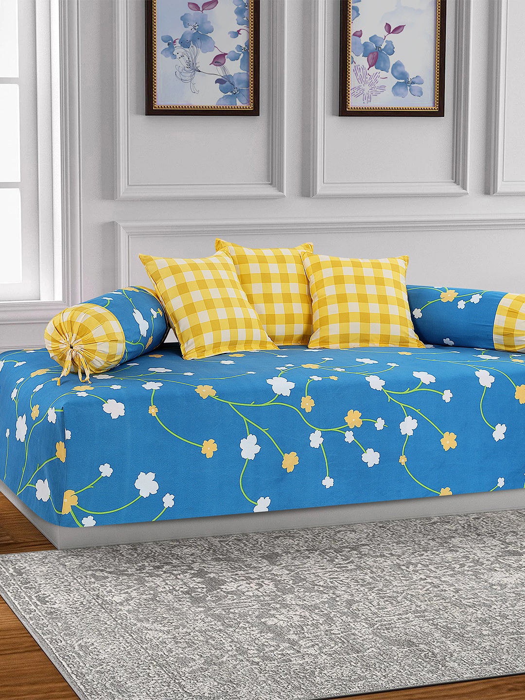

Salona Bichona Set Of 6 Blue & Yellow Floral Printed 144 TC Cotton Bedsheet With Bolster & Cushion Covers