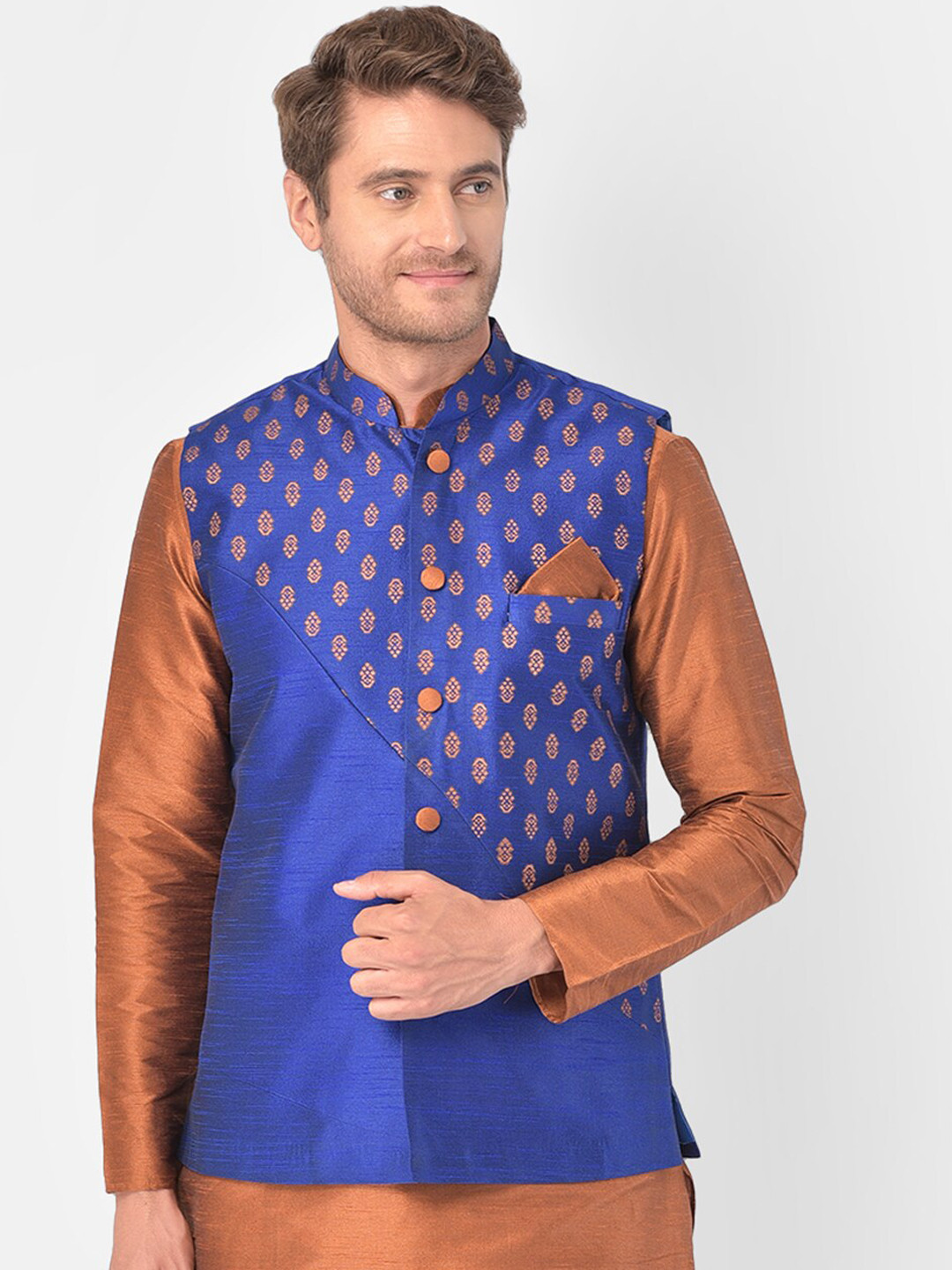 

DEYANN Men Blue & Gold-Coloured Woven Dupion Silk Nehru Jacket