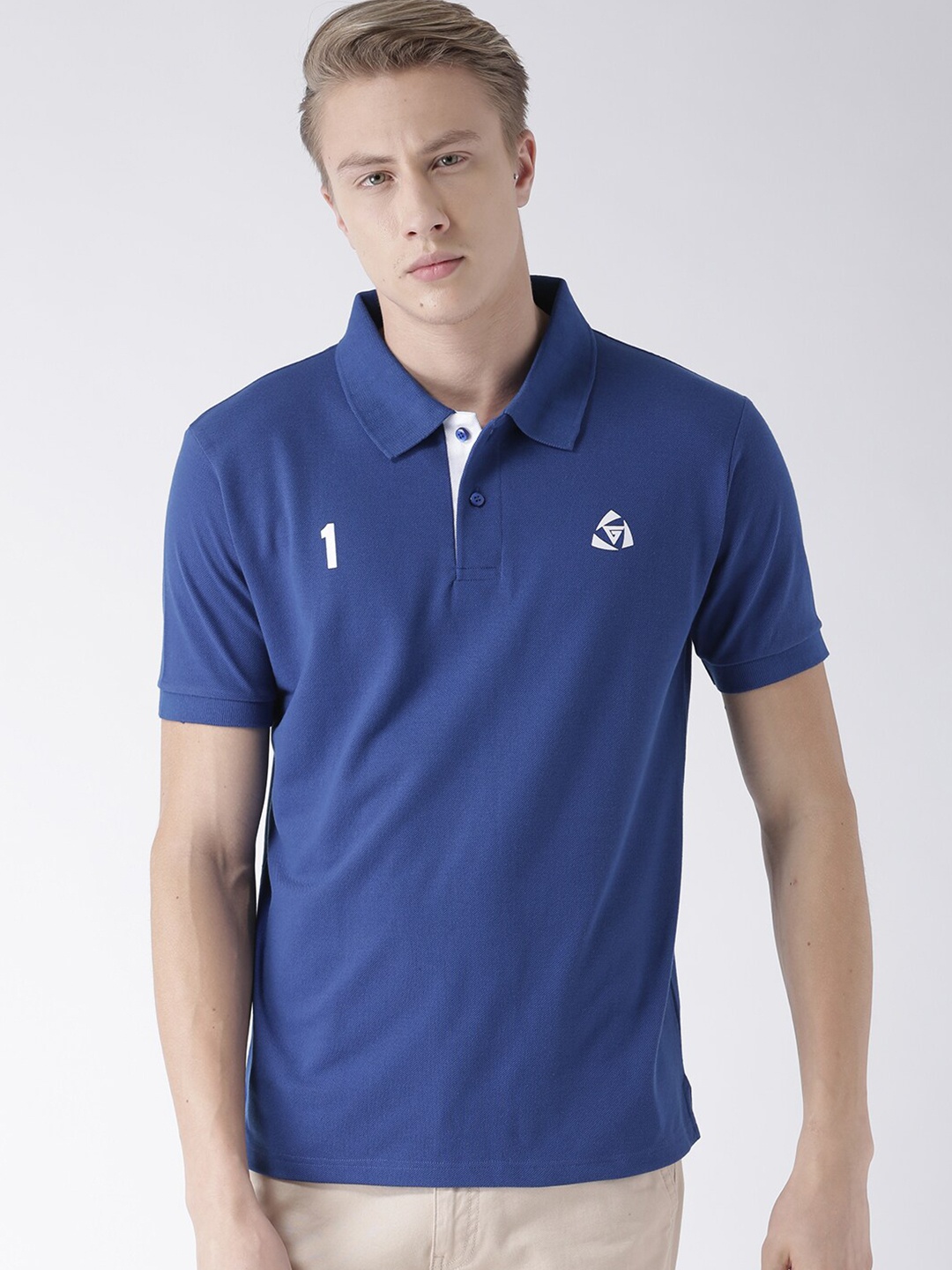 

GRIFFEL Men Blue Solid Polo Collar Cotton T-shirt