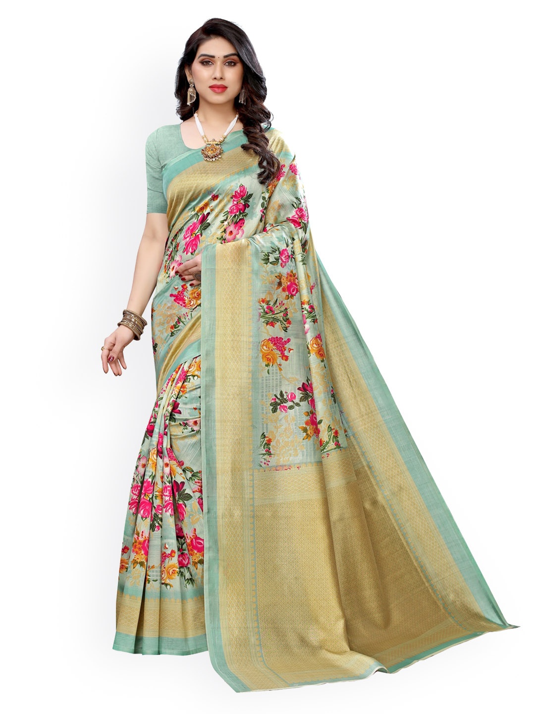 

KALINI Sea Green & Gold-Toned Poly Silk Printed Saree