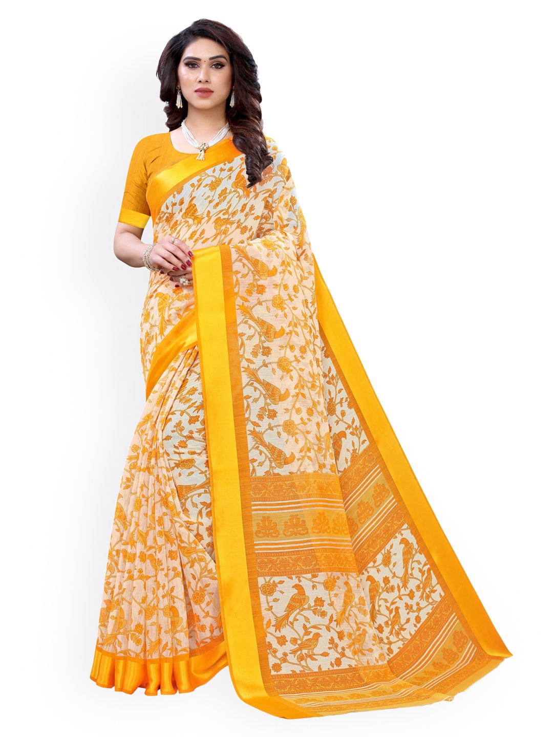 

KALINI Yellow & White Polycotton Printed Saree