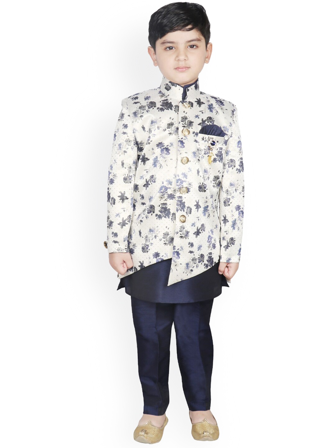 

SG YUVRAJ Boys White & Navy Blue Printed Raw-Silk Sherwani Set
