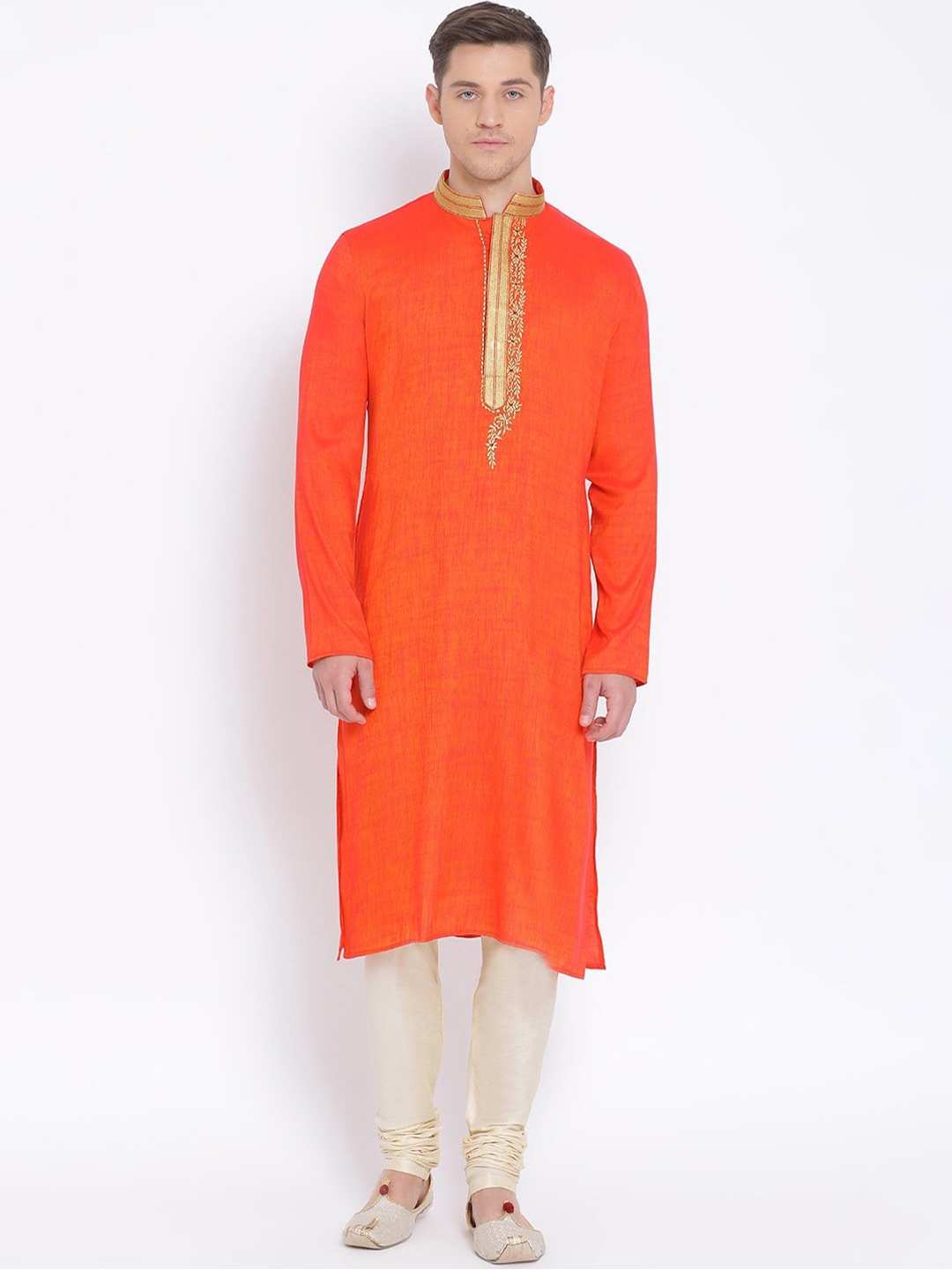 

NAMASKAR Men Red Thread Work Silk Kurta