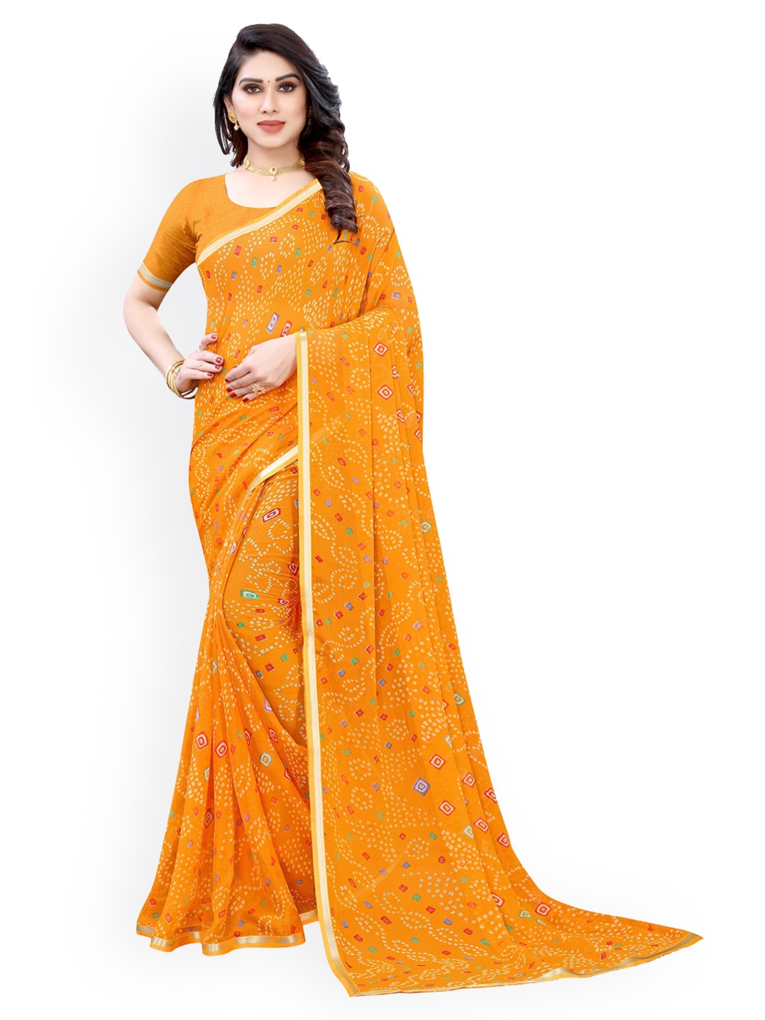 

KALINI Mustard Pure Chiffon Printed Bandhani Saree