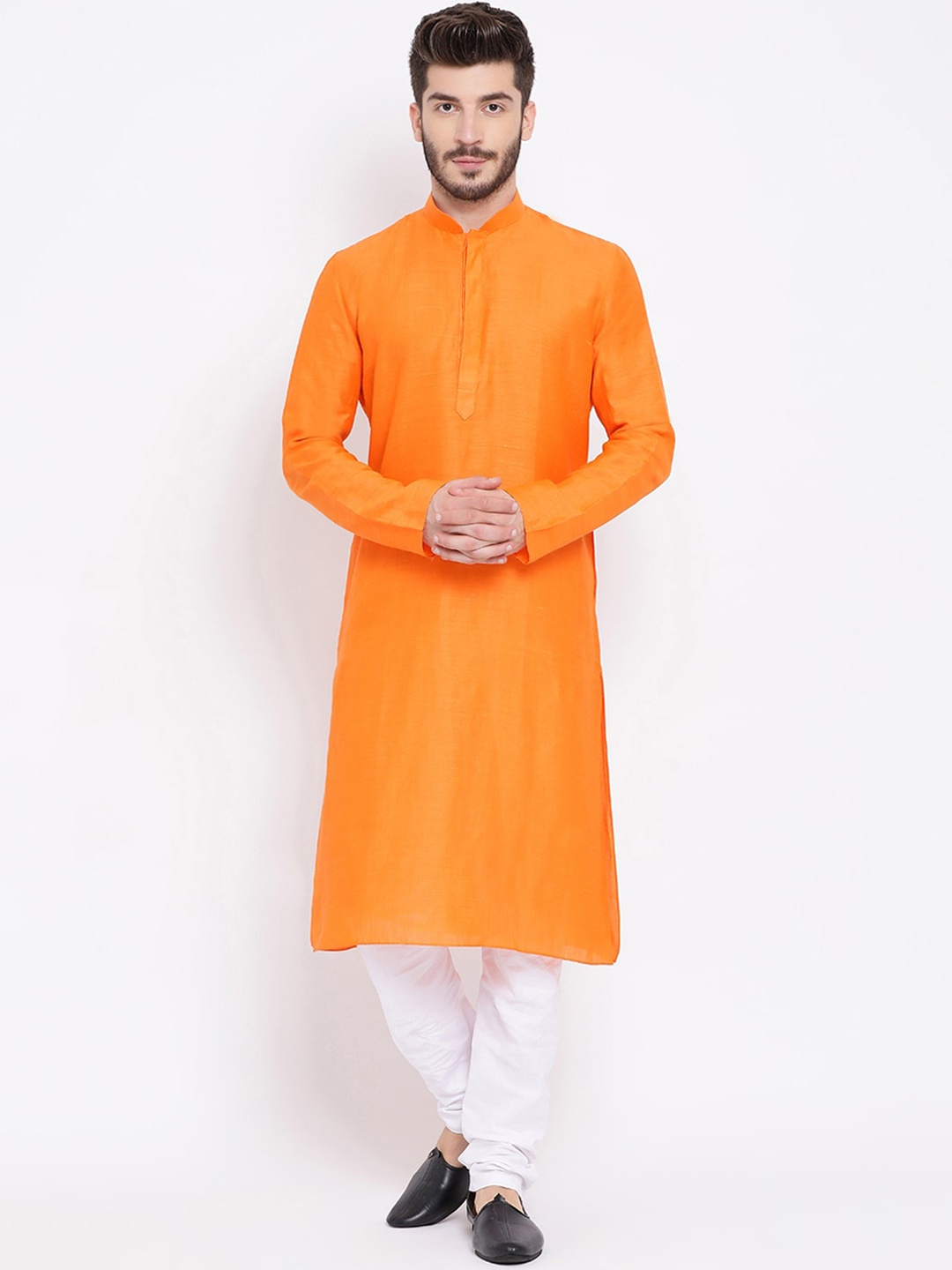 

NAMASKAR Men Orange Mandarin Collar Linen Kurta