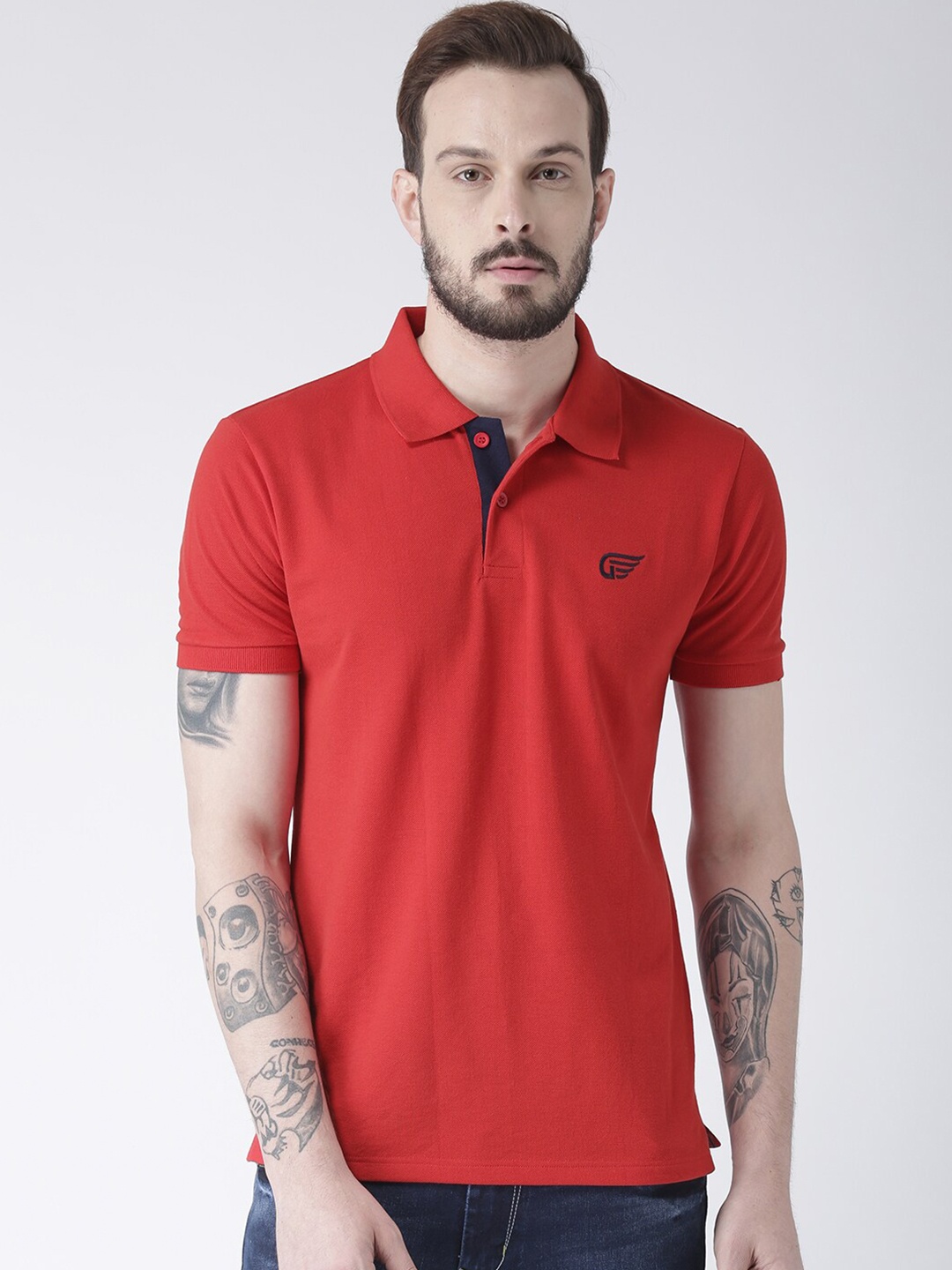 

GRIFFEL Men Red Solid Polo Collar Cotton T-shirt