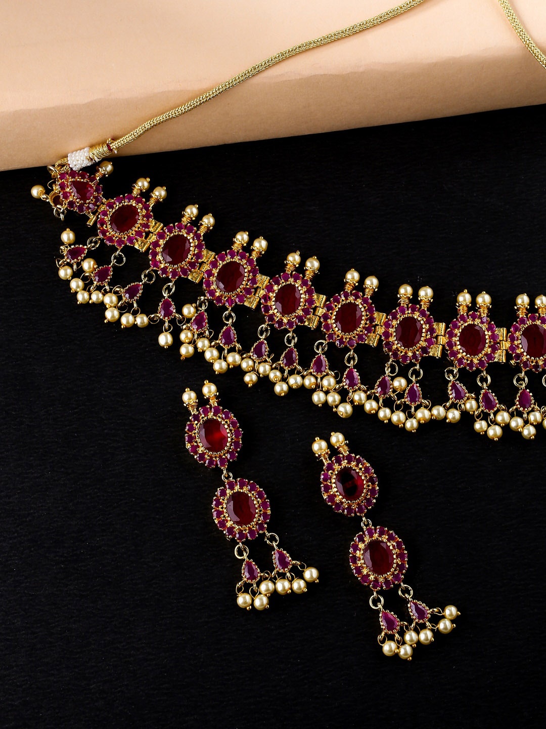 

THE AAB STUDIO Gold-Plated Pink & Off-White Stone-Studded & Pearl Beaded Handcrafted Jewellery Set
