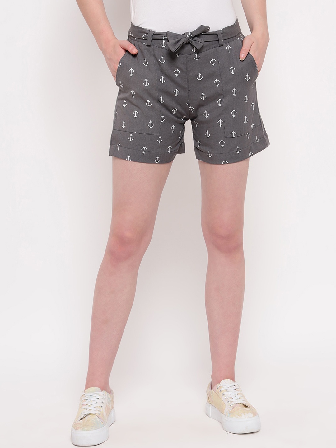 Aawari Women Grey Printed Regular Fit Cotton Shorts