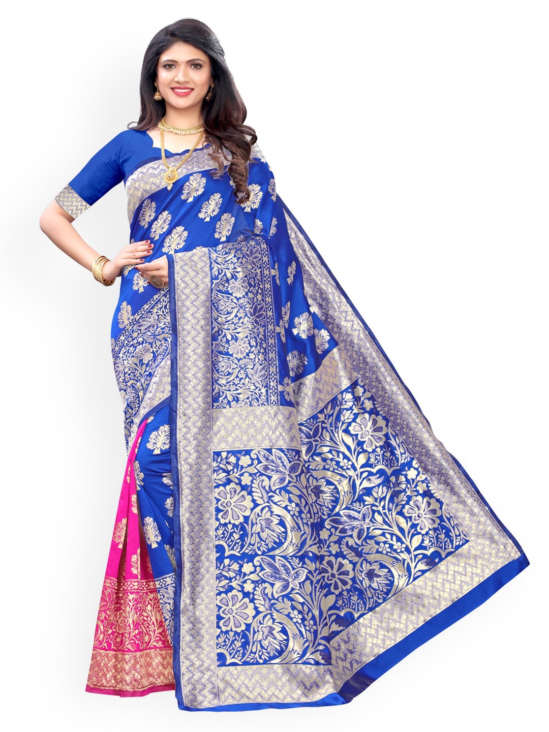 

KALINI Blue & Pink Poly Silk Woven Design Banarasi Saree