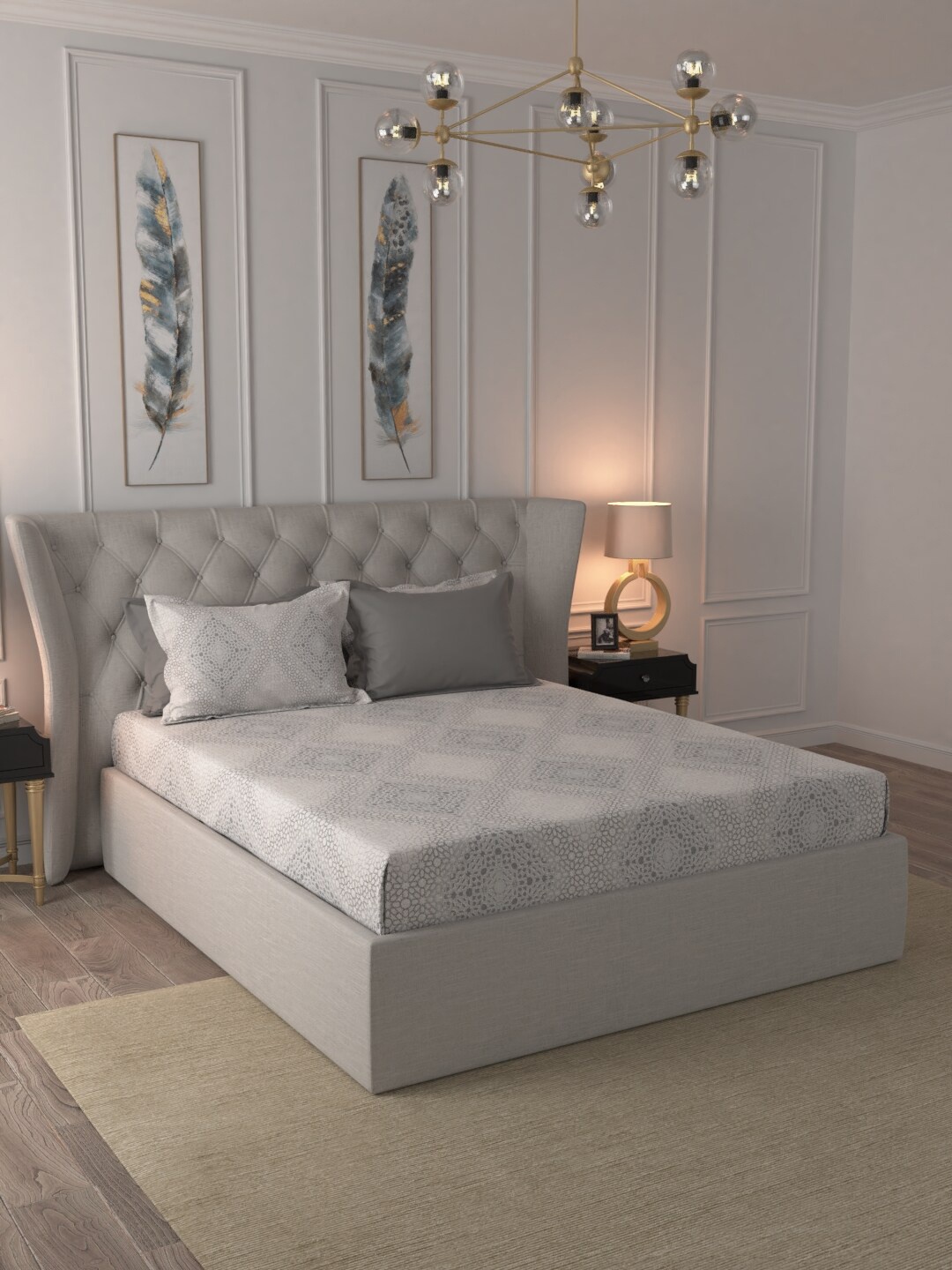 MYTRIDENT Grey White Geometric 400 TC Cotton 1 King Bedsheet with 4 Pillow Covers