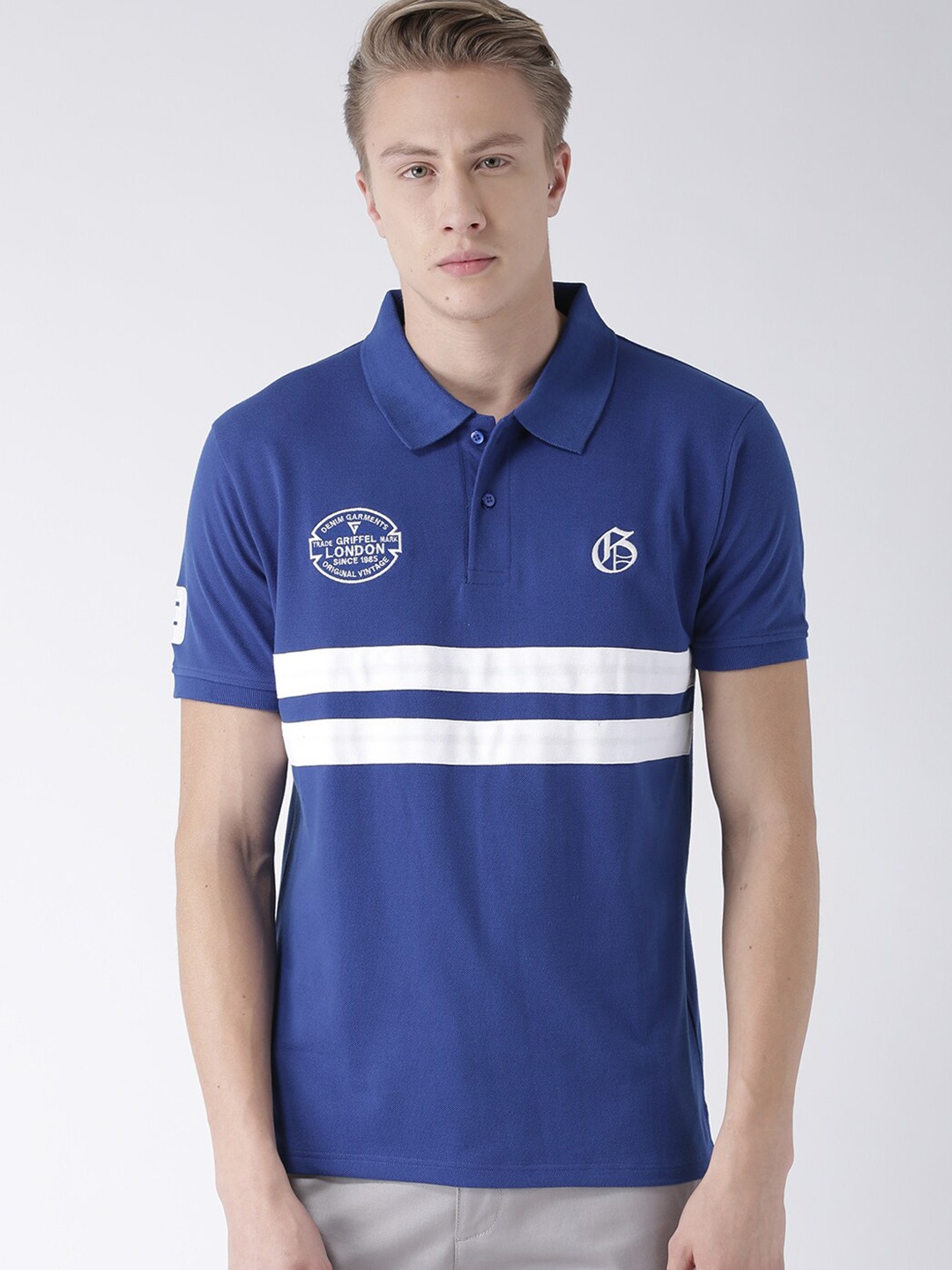 

GRIFFEL Men Blue Solid Polo Collar T-shirt