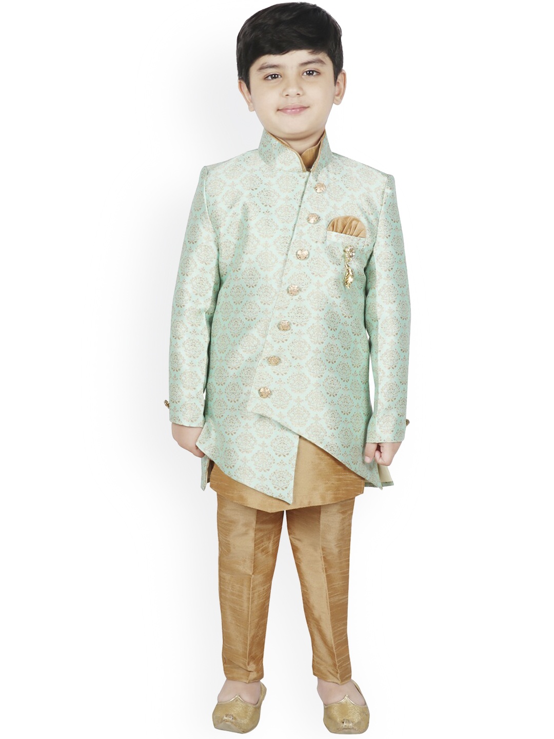 SG YUVRAJ Boys Green & Gold-Coloured Printed Silk Sherwani Set