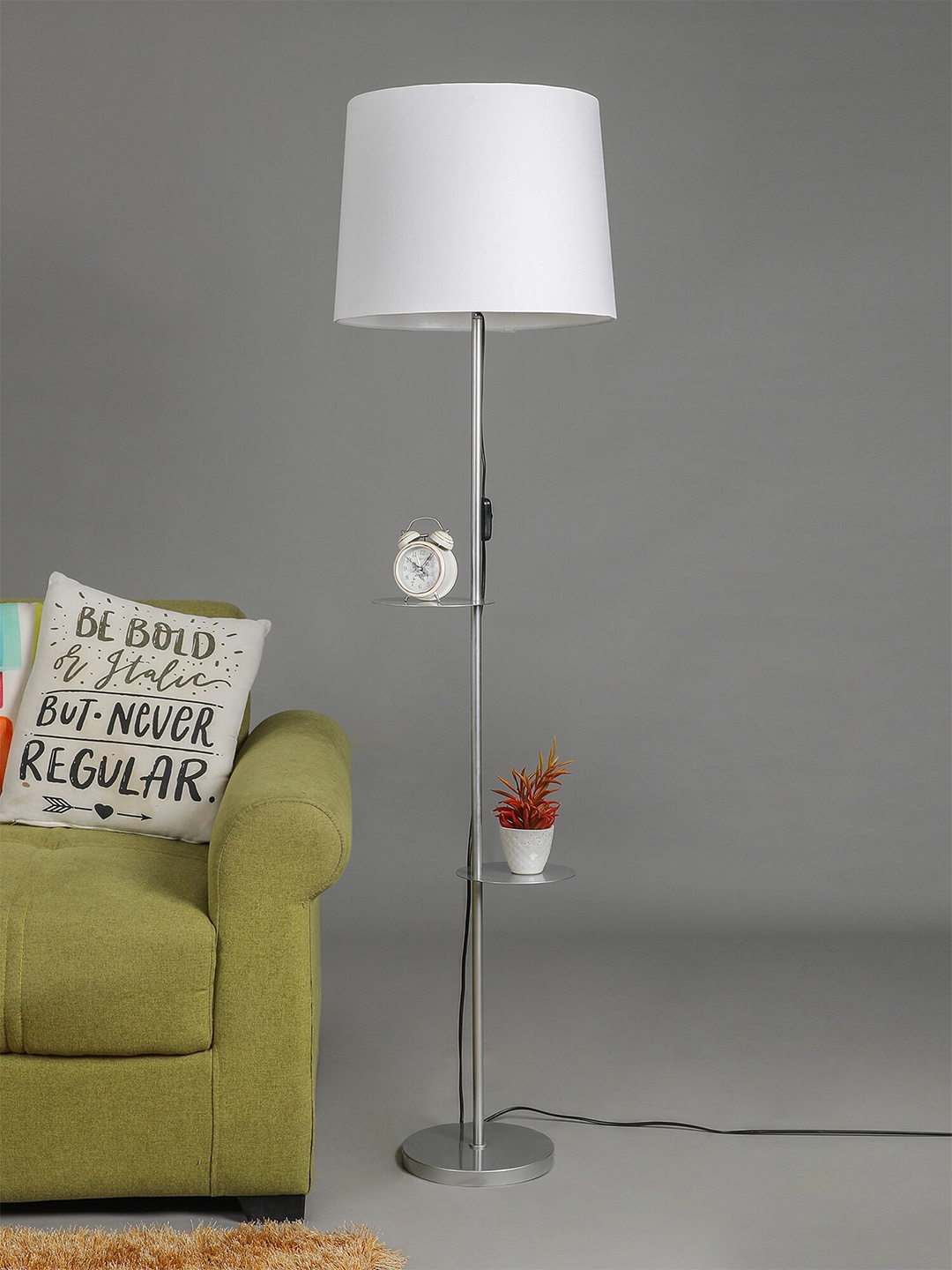 

SANDED EDGE Silver-Toned & White Solid Contemporary Shelf Lamp with Shade