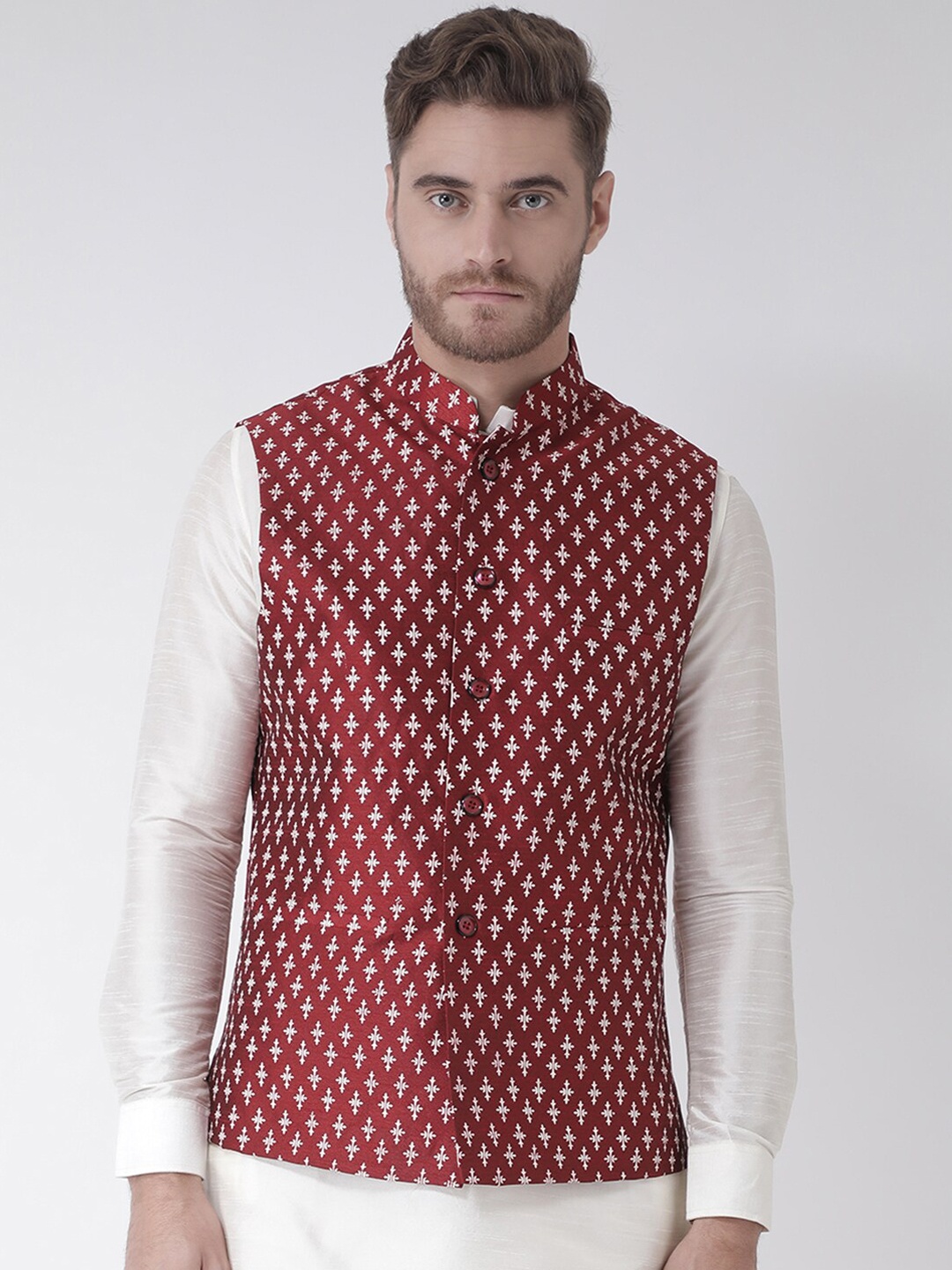 

DEYANN Men Red & White Printed Woven-Design Nehru Jacket