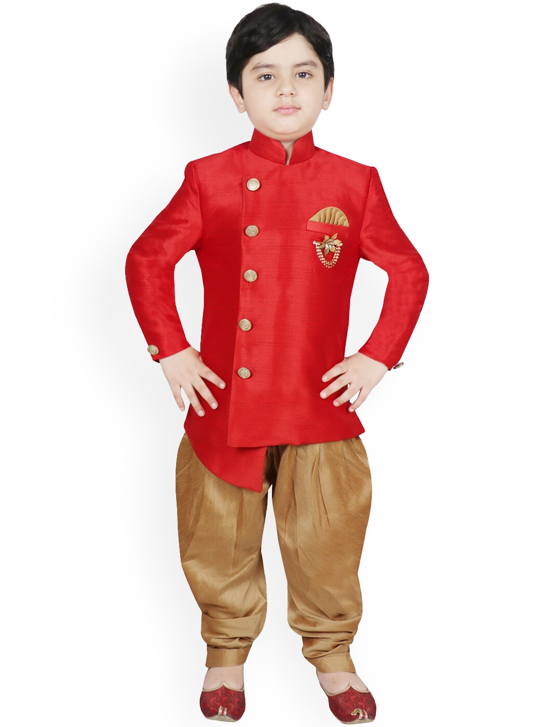 

SG YUVRAJ Boys Red & Gold-Coloured Solid Sherwani Set