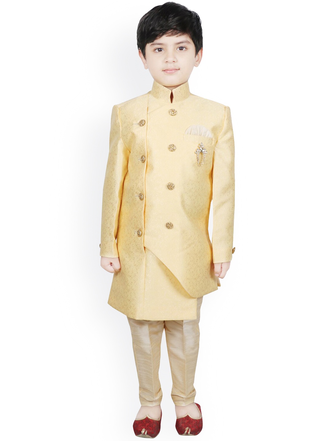 

SG YUVRAJ Boys Gold-Coloured & Beige Fawn Brocade Silk Sherwani Set