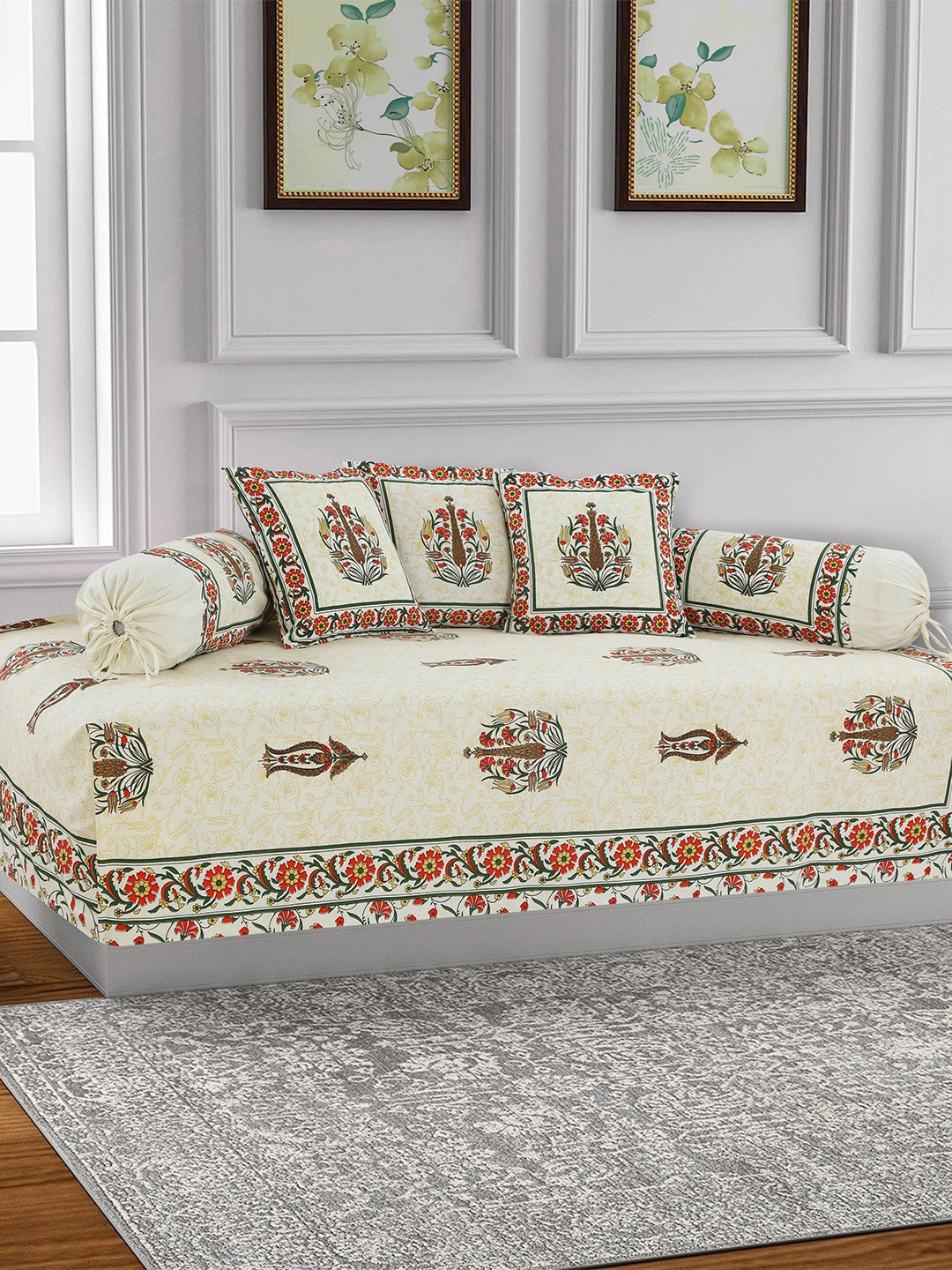 

Salona Bichona Set Of 6 Off-White Floral Printed Cotton 144 TC Diwan Set